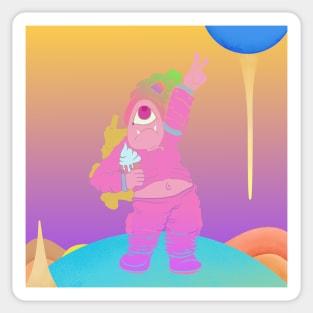 Dope one eye monster character holding an icecream illustration Sticker